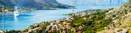 Aerial view of Bay of Kotor, Montenegro. Giant cruise liner in Boka Kotorska