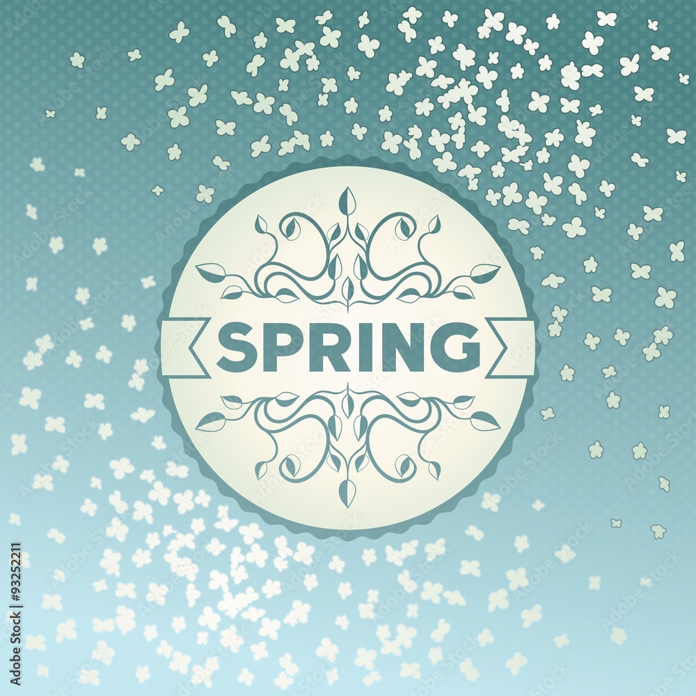 Spring label design with floral ornaments on flowers background. Vector eps10