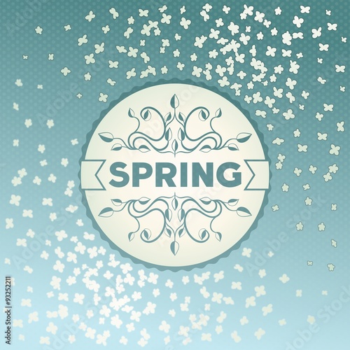 Spring label design with floral ornaments on flowers background. Vector eps10