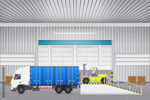 Vector of freight transport and distribution industry consist of operator, driver or worker to loading crate box to storage cargo container on truck by forklift for logistic, shipping and delivery.