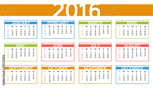 2016 colorful year calendar in English language