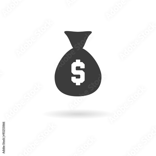 Dark grey icon of bag of money with dollar sign on white backgro