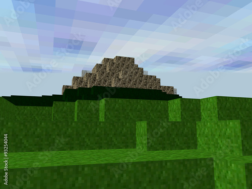 Piixel square landscape with large grass area and rocky hill in