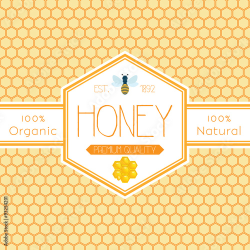 Honey label template for honey logo products with bee and drop of honey on Honeycomb colorfull pattern background