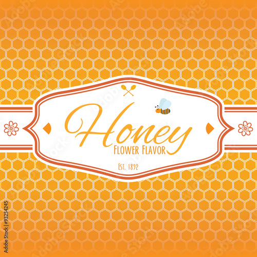 Honey label template for honey logo products with bee and drop of honey on Honeycomb colorfull pattern background