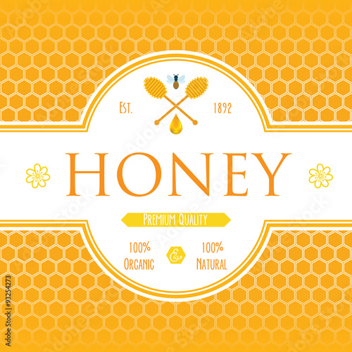 Honey label template for honey logo products with bee and drop of honey on Honeycomb colorfull pattern background