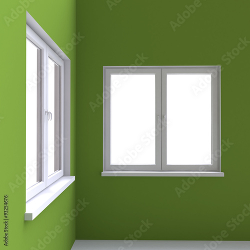 Two white window in the corner of the room.