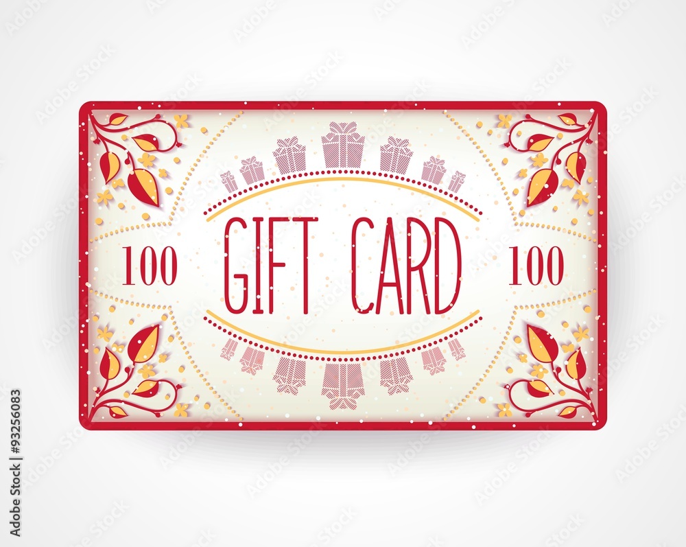 Gift card with floral pattern and 3D effects. Realistic vector eps 10
