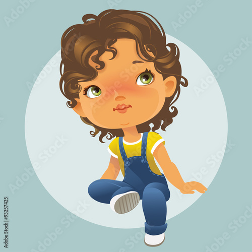 Vector portrait of cute little girl sitting looking up. Schoolgirl with brown curly hair wearing blue jeans jumpsuit. Isolated on white background
