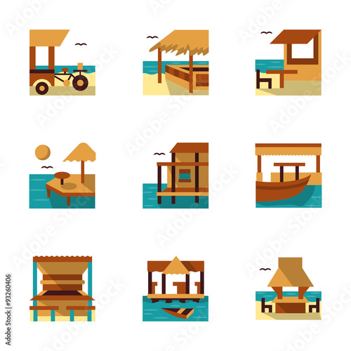 Tropical resort flat color icons