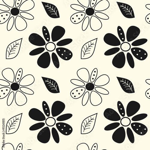 black and white cute flowers seamless vector pattern background illustration