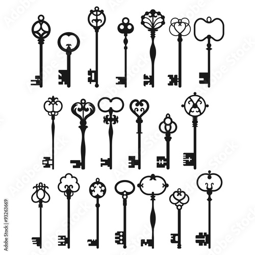 Silhouettes of Vintage Keys. Symbols and Signs for Decoration, Design
