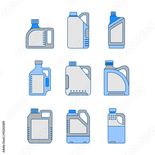 Blank Plastic Canisters, flat icons. Plastic Packaging for Machine Oil, Water and other Liquids