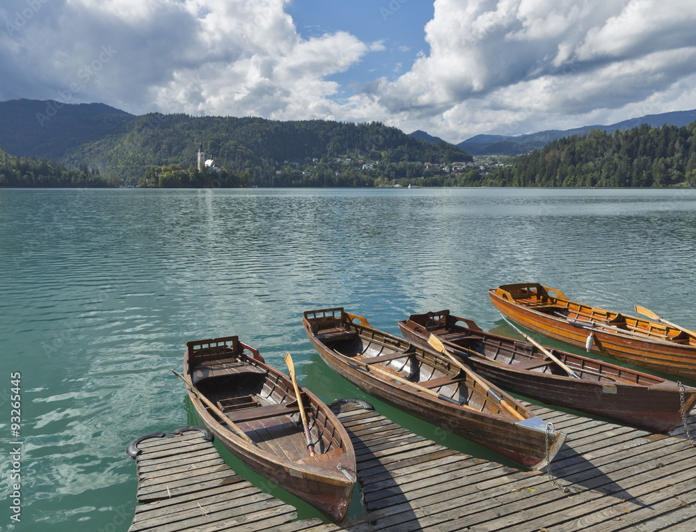 Boats at the pier of Lake Bled.