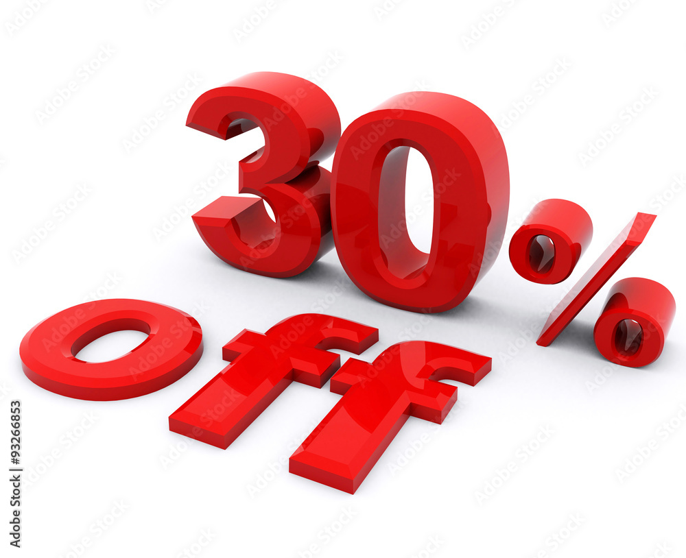 3D rendering of a 30 percent in red letters on a white background 3D rendering of a 30 percent in red letters on a white background