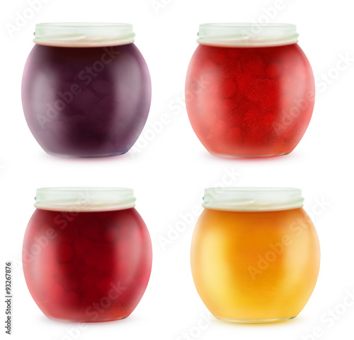 Multicolored open jars with fruit jam