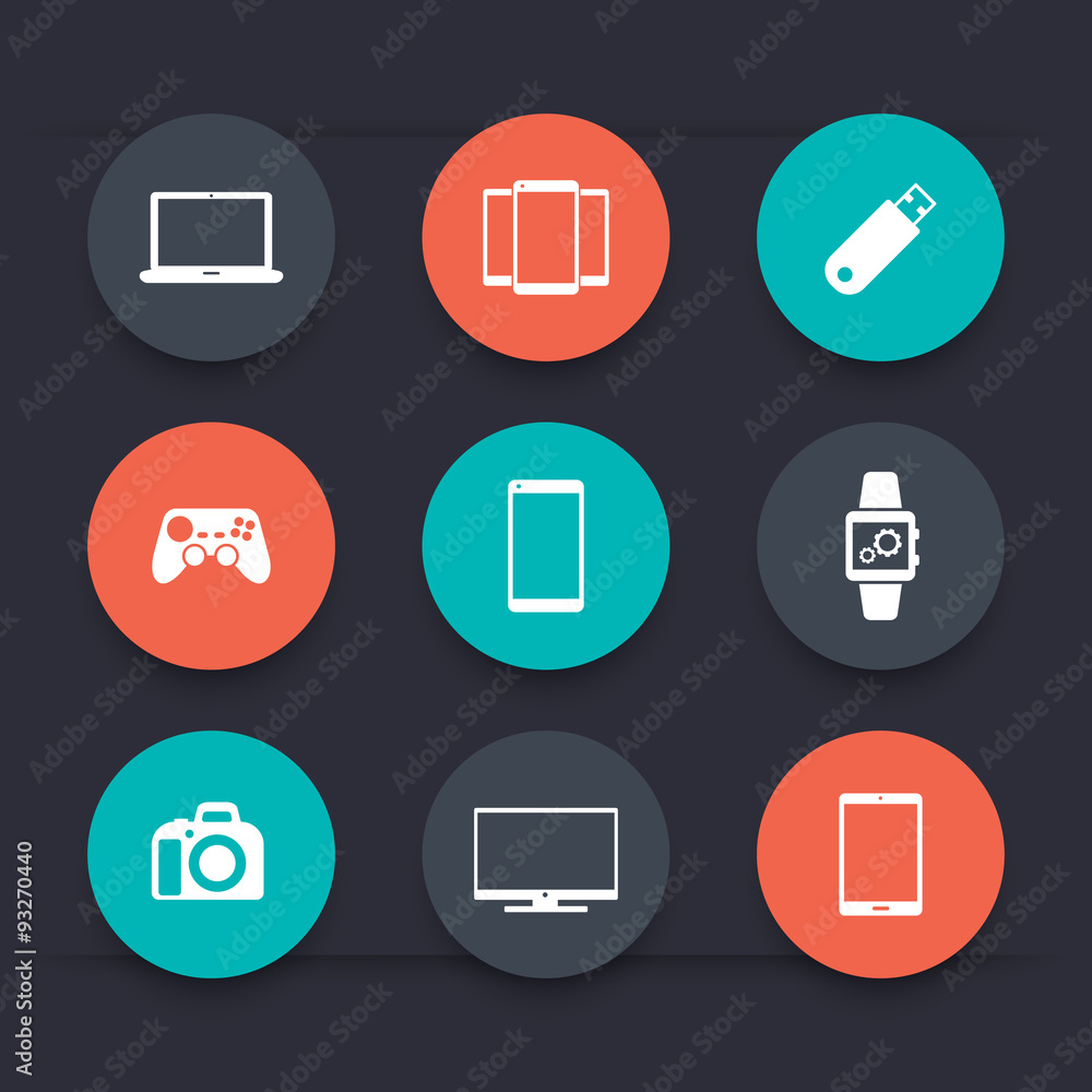 Gadgets (laptop, tablet, camera, smartphone) round icons, vector illustration