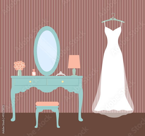 Wedding dress.Vintage dressing table.flat vector illustration