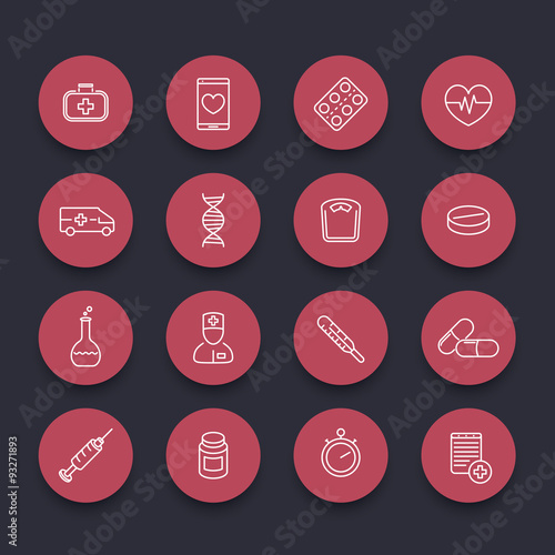 medicine, health care, pharmaceutics line round red icons, vector illustration