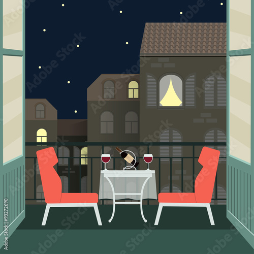 night romantic date with wine on balcony. vector flat illustration