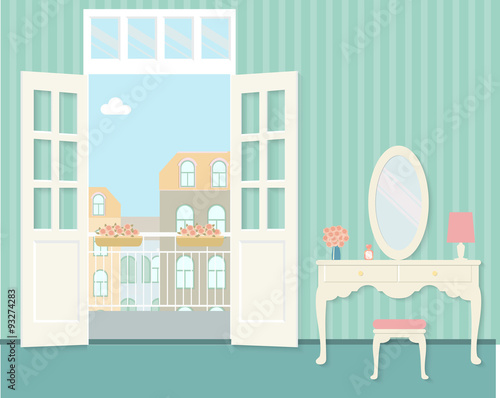 vintage bedroom with dressing table and open balcony. Flat vector illustration