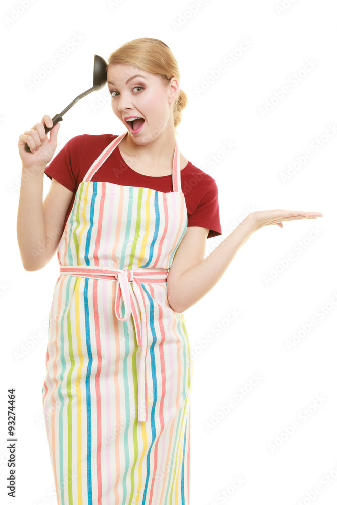 housewife or cook chef in kitchen apron with ladle housewife or cook chef in kitchen apron with ladle