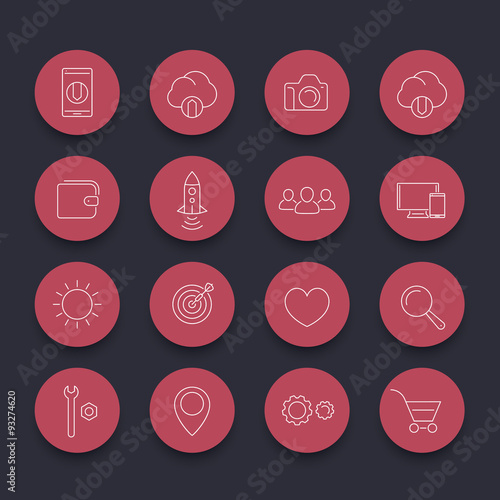 Thin line web round red icons, vector illustration