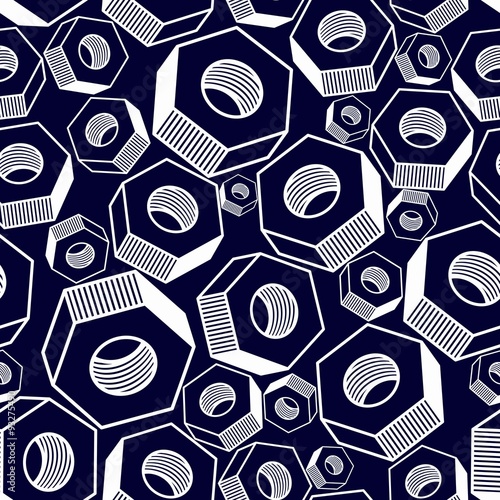 Seamless pattern with 3d industrial nuts for use with bolts, 
