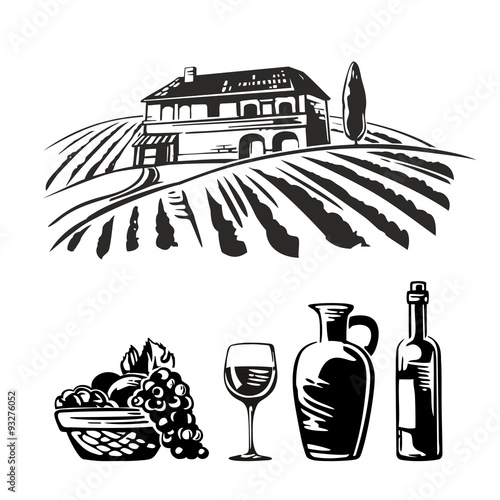Rural landscape with villa, vineyard fields and hills. Basket with grapes, a bottle, a glass and a jug of wine. Black and white vintage vector illustration for label, poster, web, icon.