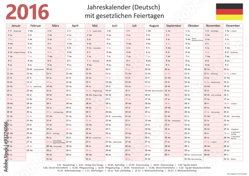 Jahreskalender 2016 mit Feiertagen (Deutsch)