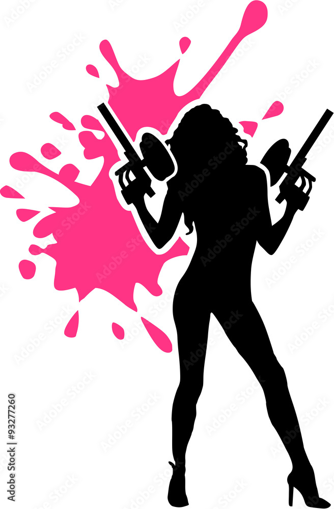 Hot woman with Paintball guns and pink splash Hot woman with Paintball guns and pink splash