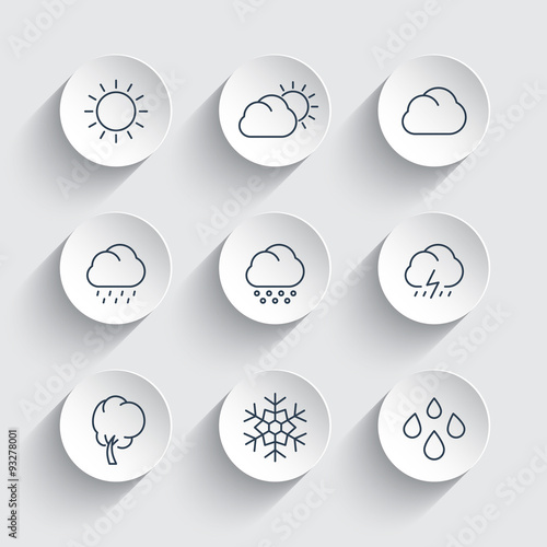Weather, sunny, cloudy day, rain, hail, snow, wind, line icons on round 3d shapes, vector illustration