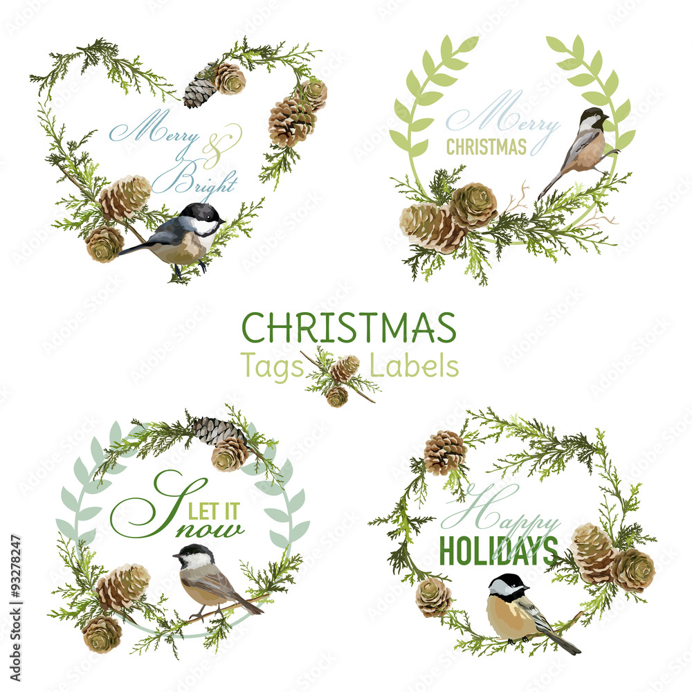 Vintage Christmas Birds - Banners, Tags and Labels