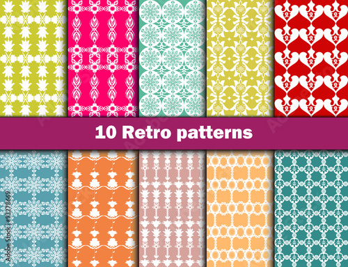 10 Retro different vector seamless patterns (tiling). Endless texture can be used for wallpaper, pattern fills, web page background,surface textures. Set of monochrome geometric ornaments.