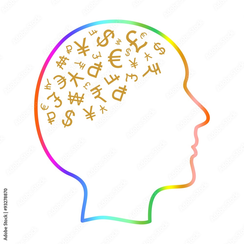 Color contour of a human head with golden world currencies in the brain on a white background Color contour of a human head with golden world currencies in the brain on a white background