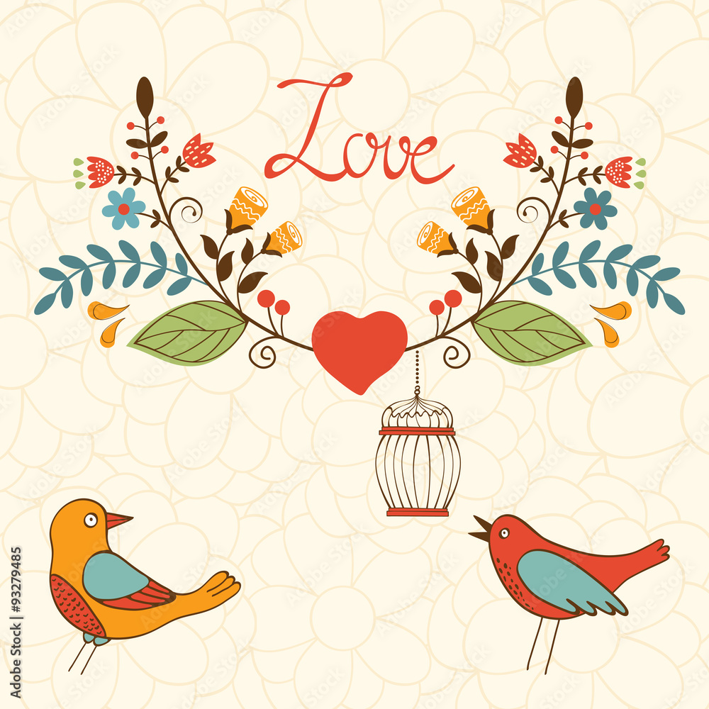 Elegant love card with birds and floral wreath