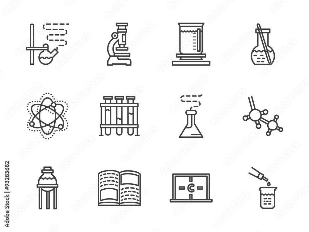Flat line chemistry research icons