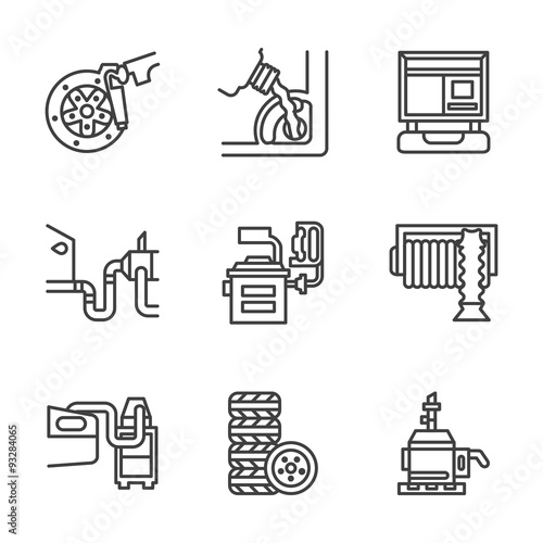 Car service center flat line vector icons