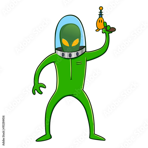 Alien in Space Suit Holding Laser Gun
