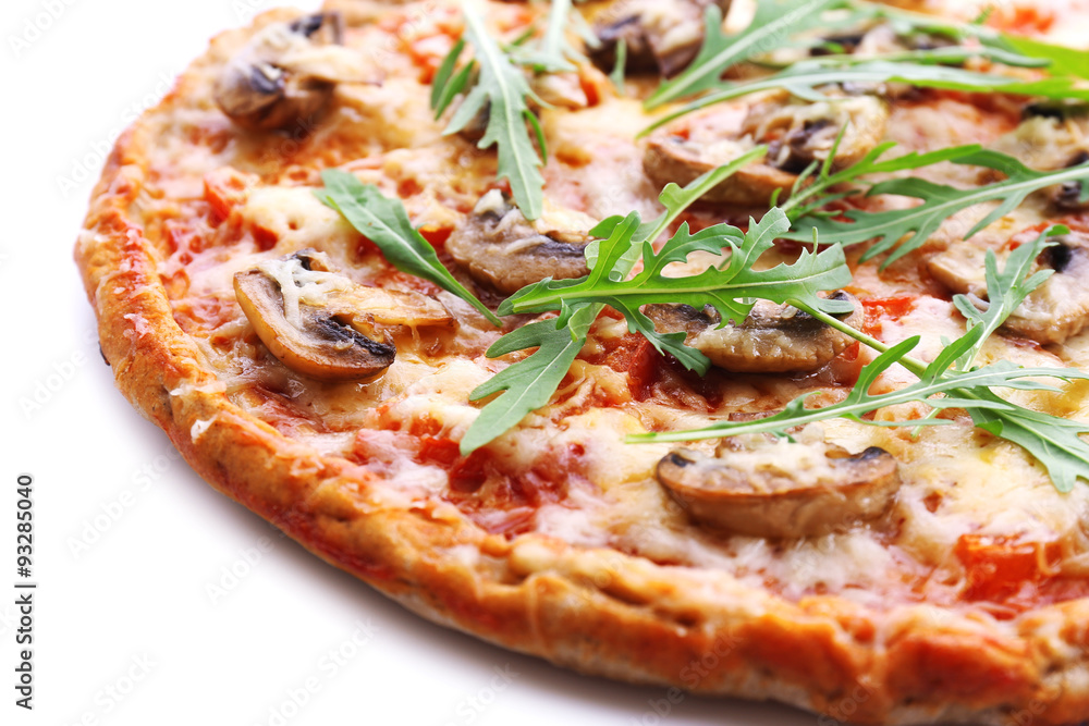 Tasty pizza with vegetables and arugula close up Tasty pizza with vegetables and arugula close up