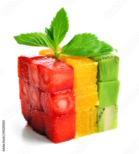 Cube formed from sliced fruits isolated on white