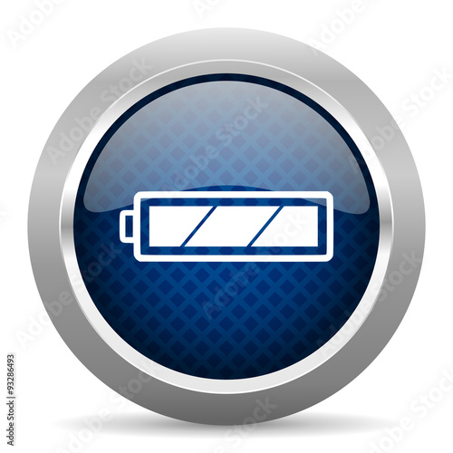 battery blue circle glossy web icon on white background, round button for internet and mobile app