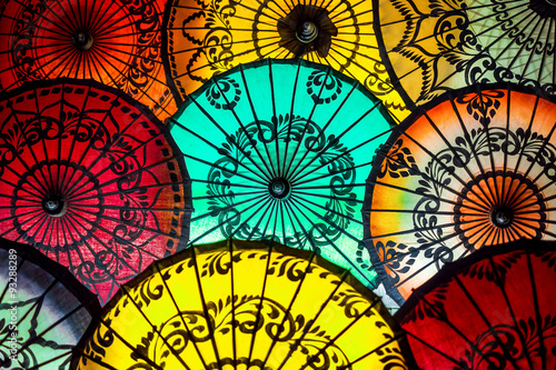 Colorful Parasols at Traditional Asian Market in Bagan, Myanmar.