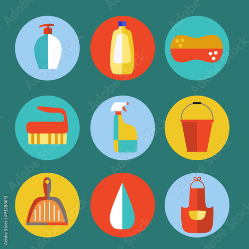 Cleaning products flat icon vector set.