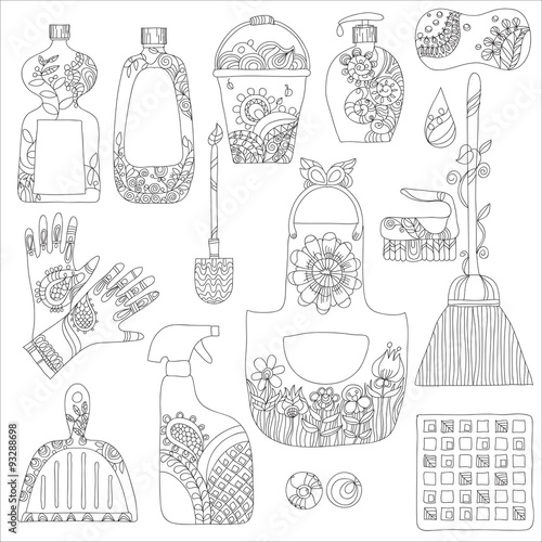 Cleaning products flat icons vector set on white background.