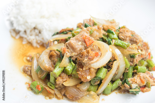 Basil Fried Rice with stir fried crispy Pork, Thai famous food