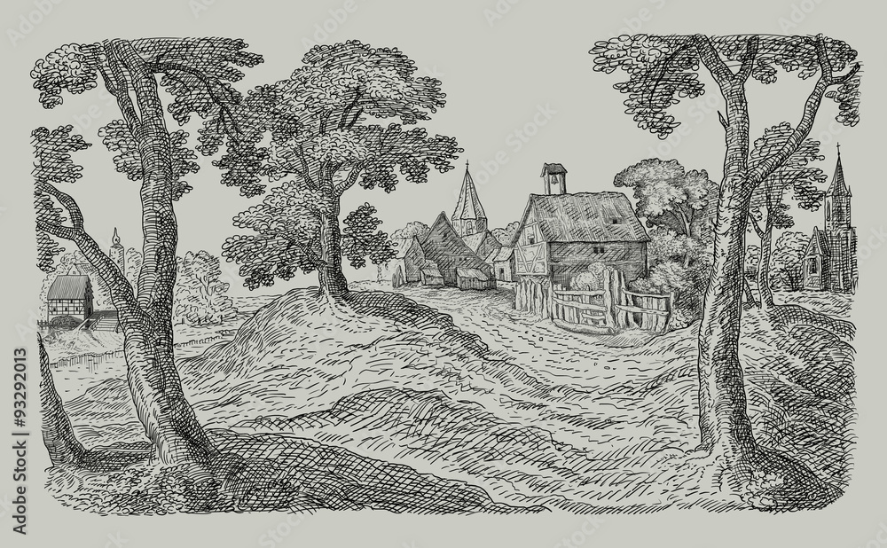 Illustration with view of old village
