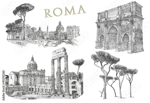 Canvas Print Illustration with view of Rome