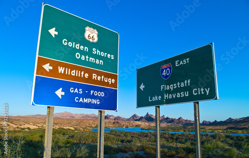U.S.A. Arizona, road sign on the Route 66 near the California border