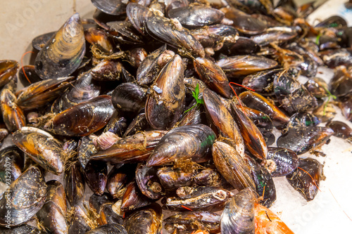 Fresh mussels on fish farmer market ready for sale